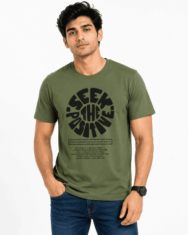 Men’s Olive Green SEEK THE POSITIVE Printed Round Neck T-Shirt
