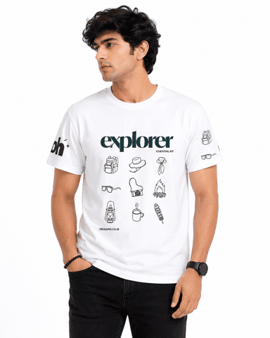 Men’s White Explorer Trekking Club Printed Round Neck T-Shirt