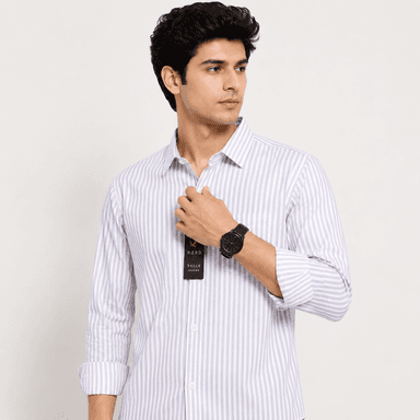 Men's White Grey Striped Full Sleeve Shirt | Regular Fit Casual Formal Office Wear Shirt
