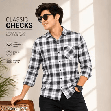 Men's Black & White Checked Casual Shirt | Full Sleeve Cotton Blend Regular Fit Stylish Plaid Shirt